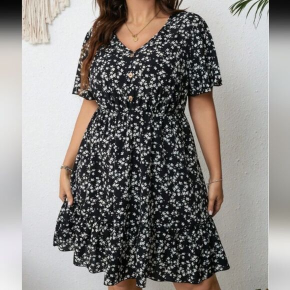 Shein Curve Vcay Black and White Floral Print Ruffle Hem Dress Size 0XL - Picture 11 of 13